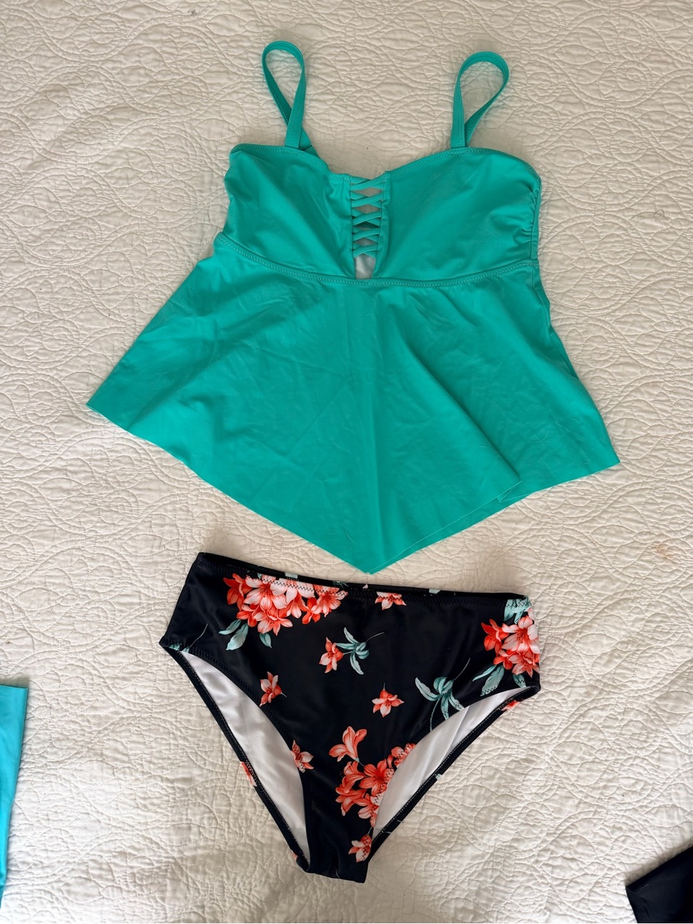 Beachsissi Teal Tankini Top and Floral Bikini Bottom Swim Set